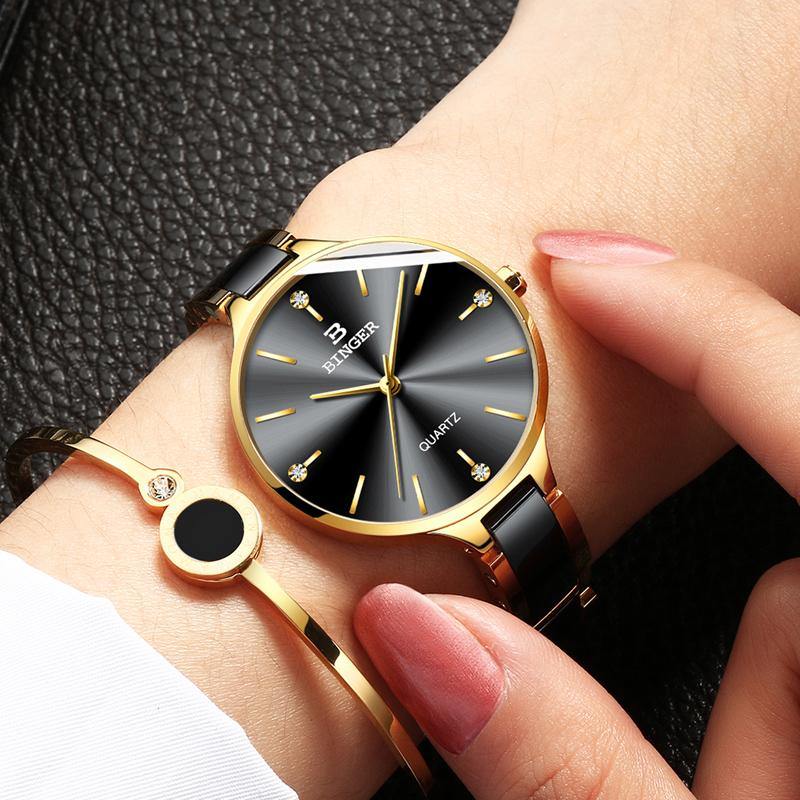 Binger Elegant Ceramics Bracelet Gold Black B-1185 - Grmontre Watches