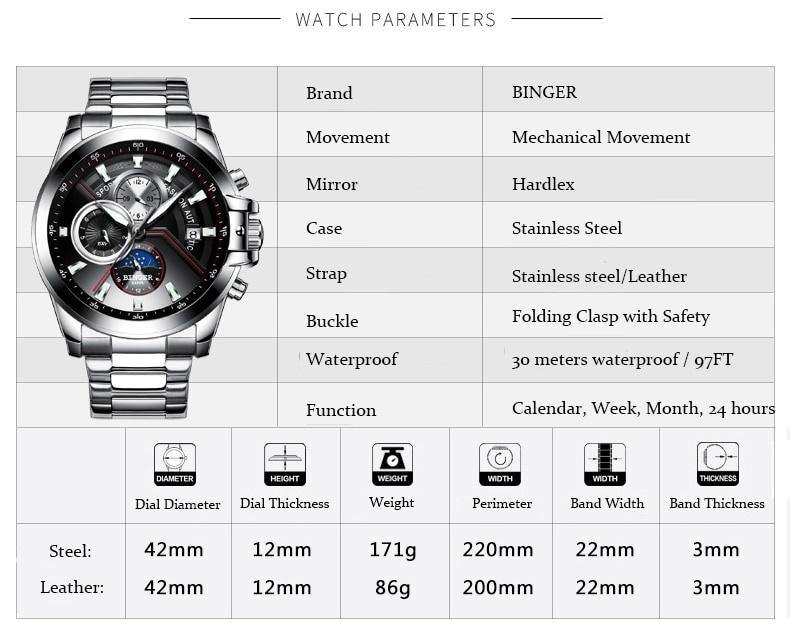 Binger Brand Automatic Watch for Men Sports B-1189 - Grmontre Watches