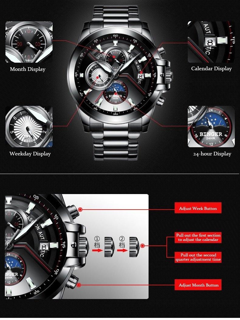 Binger Brand Automatic Watch for Men Sports B-1189 - Grmontre Watches