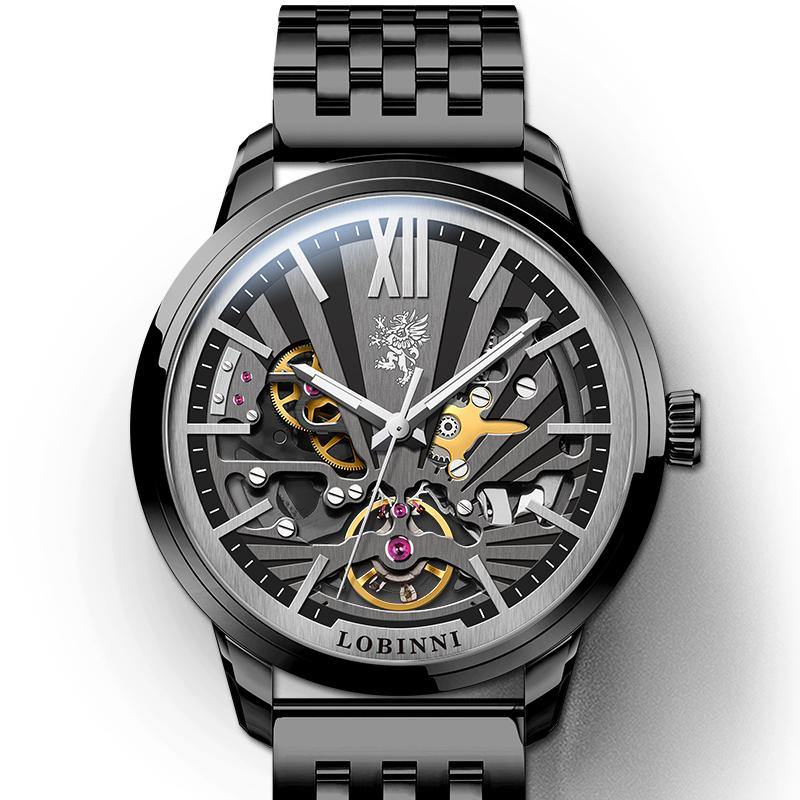 Lobinni Orologio Uomo Automatico Meccanico - Acciaio 316L, Vetro Zaffiro, Data E Settimana (Nero/Argento)
