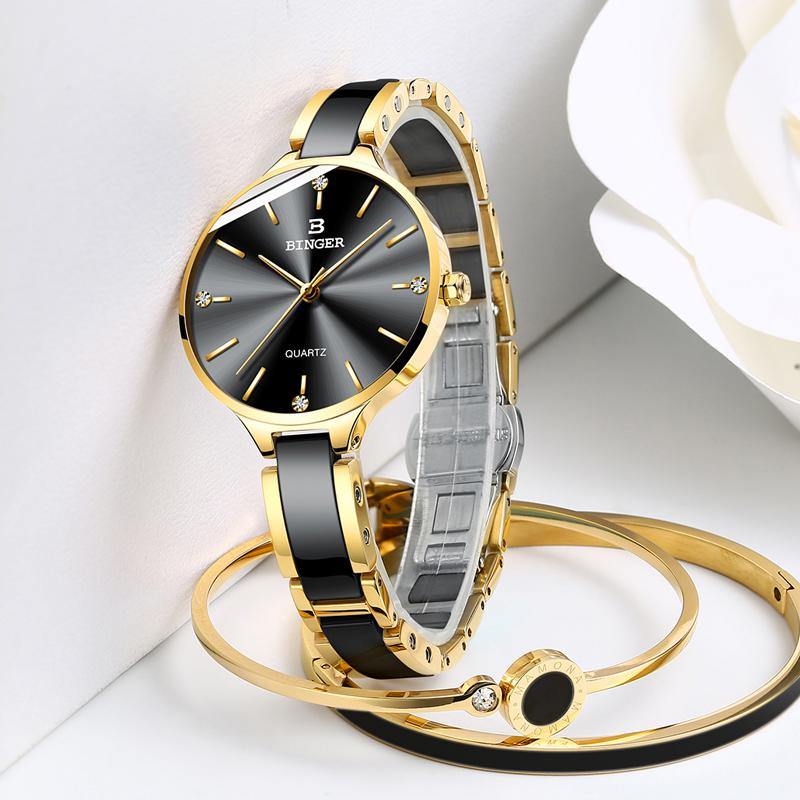 Binger Elegant Ceramics Bracelet Gold Black B-1185 - Grmontre Watches