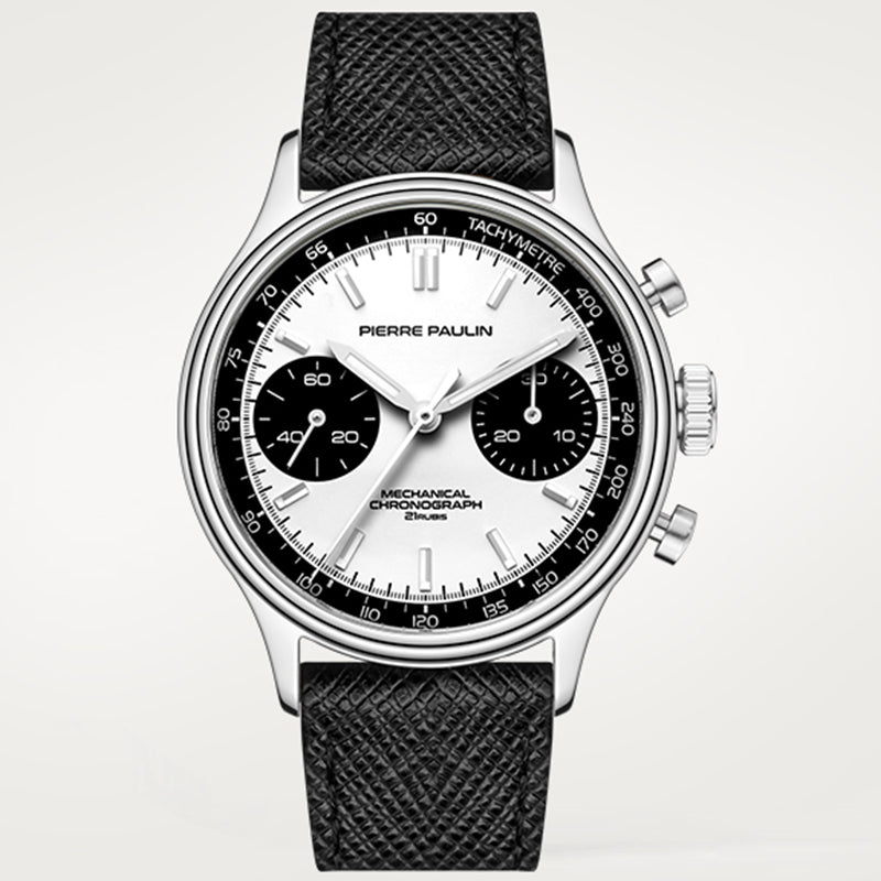 Pierre Paulin retro panda white mechanical chronograph front on black leather strap