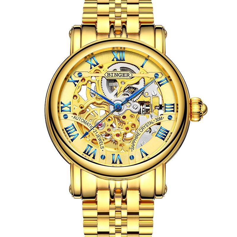 Binger Luxury Gold Automatic Watches Mens Skeleton Fashion Business Watch  B-5066 - Grmontre Watches