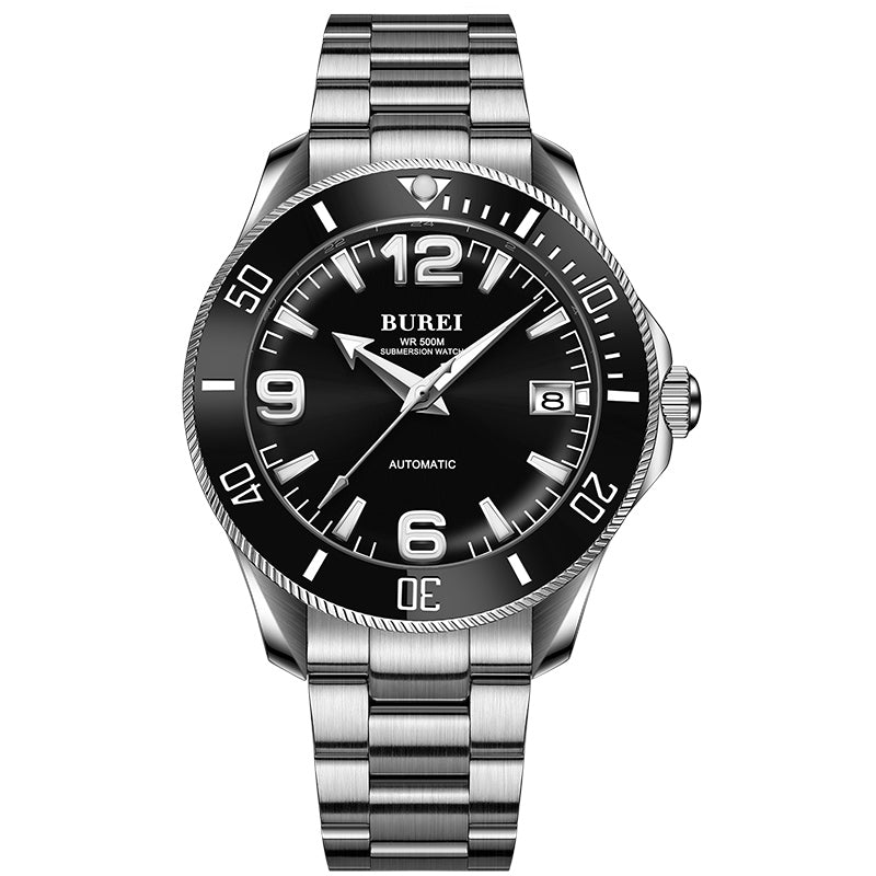 Burei Diver Automatic Watch Black Stainless Steel 50Bar Sports